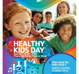 Rainbow graphic with a group schot of smiling youth. Reads, "Healthy Kids Day"