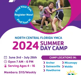 Purple and blue flyer advertising NCF YMCA 2024 summer camp