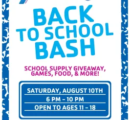 "Flyer for the YMCA's 'Back to School Bash' sponsored by the Children's Trust of Alachua County. The event includes a school supply giveaway, games, food, and more. It will be held on Saturday, August 10th, from 6 PM to 10 PM, and is open to ages 11 to 18. The event will take place at the North Central Florida YMCA, located at 5201 NW 34th Blvd, Gainesville, FL 32605."