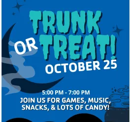 "YMCA Trunk or Treat event flyer. The flyer features the YMCA logo at the top and announces a Trunk or Treat event on October 25 from 5:00 PM to 7:00 PM. The text invites attendees to join for games, music, snacks, and candy. The event will be held at the North Central Florida YMCA, 5201 NW 34th Blvd, Gainesville, FL 32605. Contact information is included at the bottom: ncfymca.org, Info@ncfymca.org, 352-374-9622. The background is blue with fun Halloween graphics like a cauldron, stars, and a crescent moon