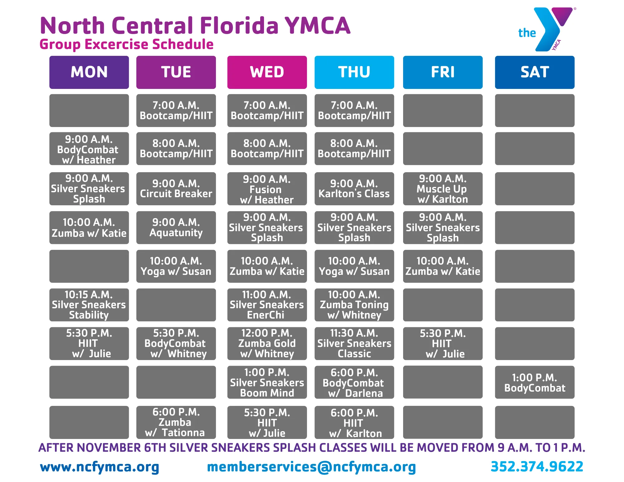 A Labeled Table of NCFYMCA Group Classes and Times