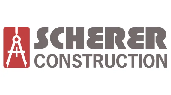 Logo for Scherer Construction in Red, Grey, and White.